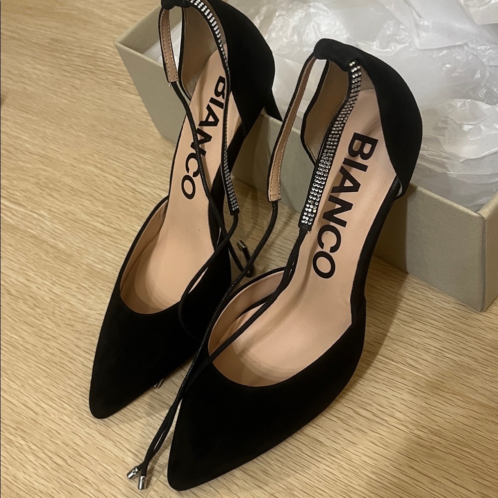 Never Worn! Bianco Ankle Strap Black Suede Pump Stiletto